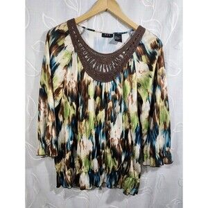 RQT Women's Top Large Crochet Neck Art Stretch Blouse Slimming